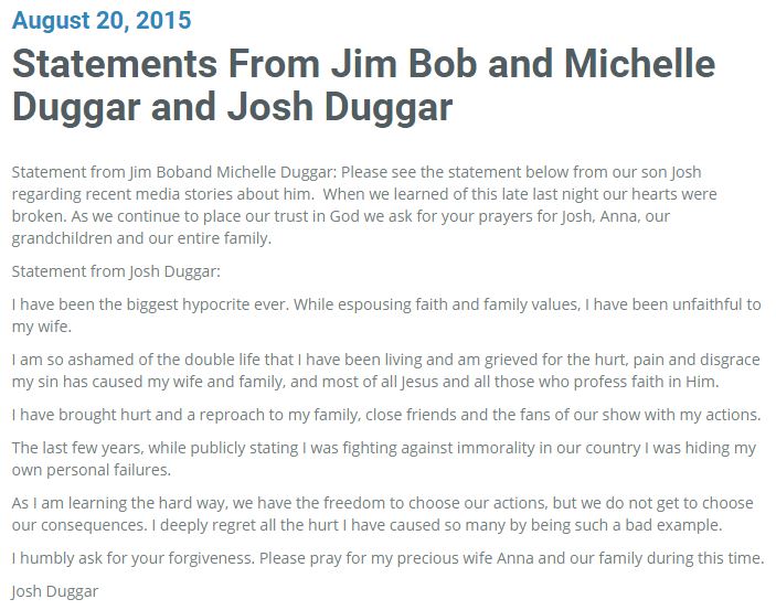 Josh Duggar sex scandal, statement, Jim Bob and Michelle Duggar, 19 kids and counting